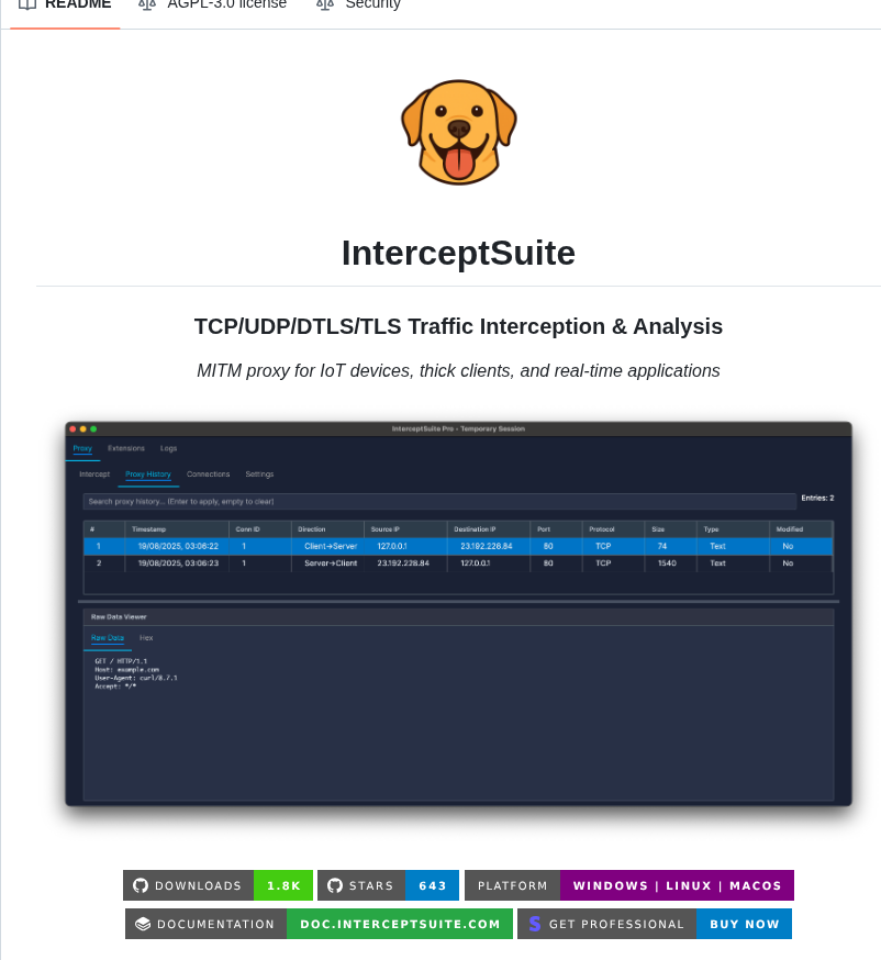 Intercepts traffic for IoT devices and thick clients

github.com/InterceptSuite…