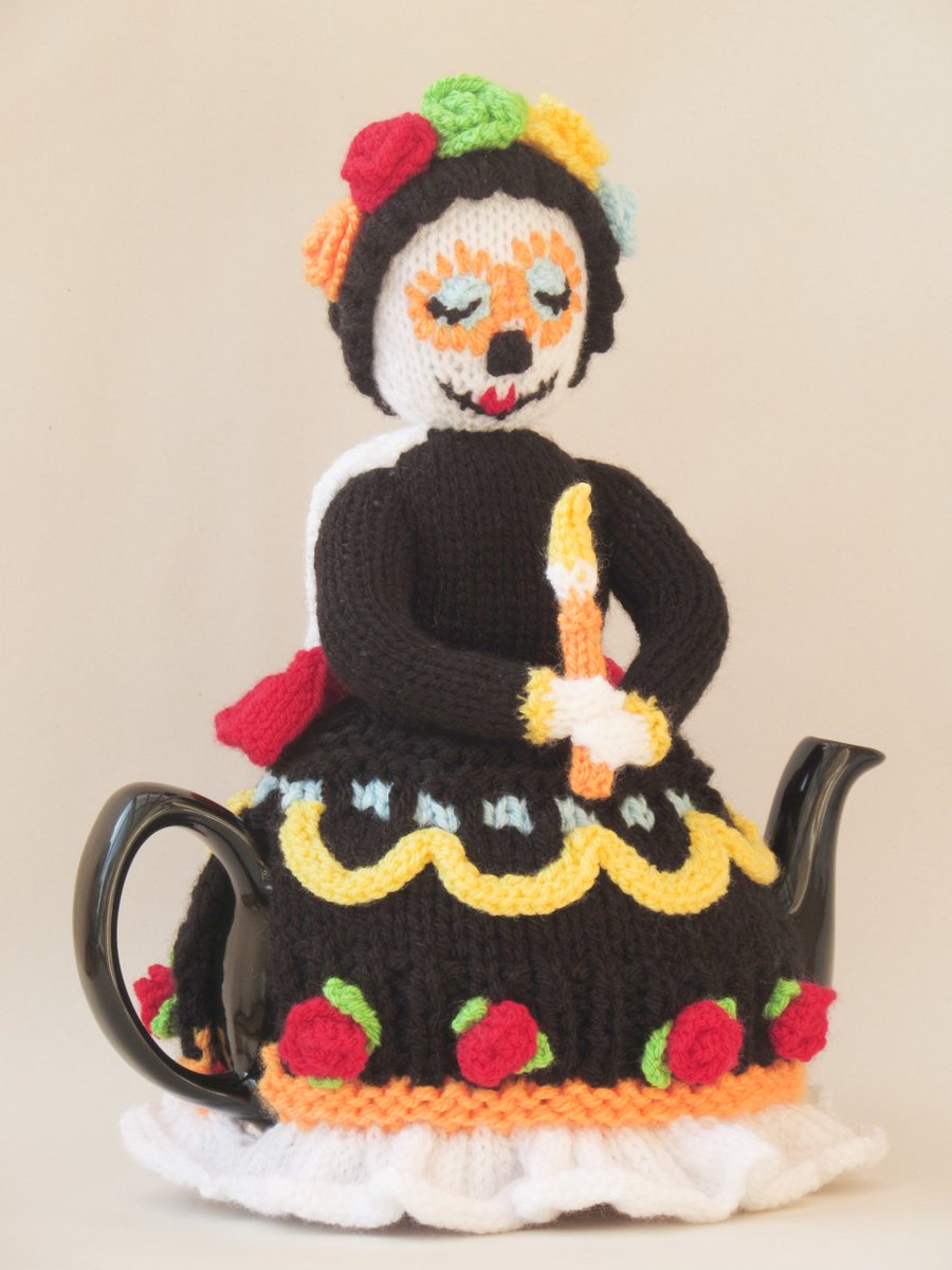 TeaCosyFolk's tweet image. TeaCosyFolk have just sold their last ready knitted #DayoftheDead tea cosy, but don't worry if you'd like one, on the website a couple of ladies are happy to knit any of my patterns to order, you can contact them here teacosyfolk.co.uk/knitters.php #TeaCosyFolk #teacosy #tealover