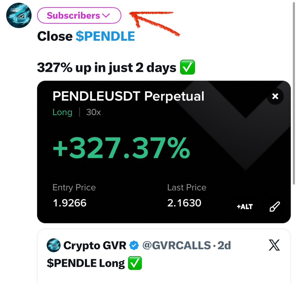 GVRCALLS's tweet photo. Trade 436  : $PENDLE

327% up for my Twitter subscribers 

Total lost trades in Jan : 3

Note : Subscribe my X for more trades ✅ https://t.co/6QaRPnNIlj