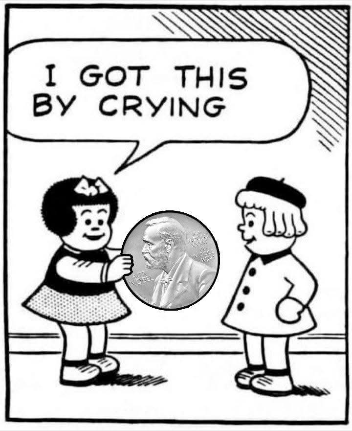 Oh look... It's the #NobelAppeasementPrize.

#TrumpTerrorista #TrumpIsUnfitForOffice #TrumpIsUnfitForOxygen #TrophyWhoring #DrumpfDieNasty #CaediteEos #NeverAppeaseTyrants #DecrepitDementedDrumpf #9thGeneration #ICEcapades #InvadeEverywhereAllTheTime #DerangedStuntQueen