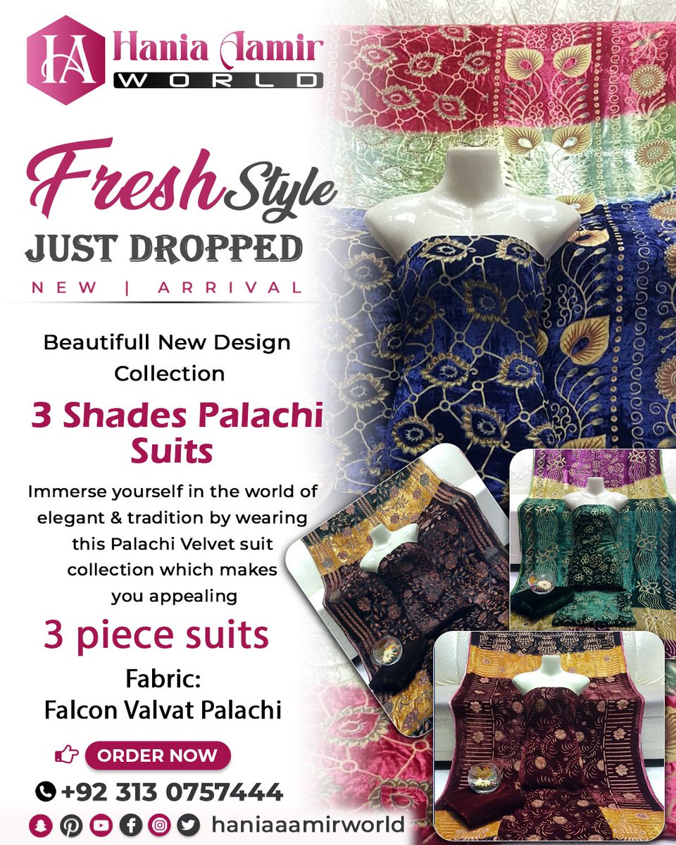 HaniaAamirWorld's tweet image. New Arrival Palachi Velvet Suits 

 3 Piece Luxury Suits in 3 Beautiful Shades 
Traditional look with modern elegance
Fabric: Falcon Velvet Palachi
Perfect for Wedding &amp;amp; Festive Wear!

📞 Order Now: +92 313 0757444
📲 Follow us: Hania aamir world
#PalachiSuits #VelvetCollection