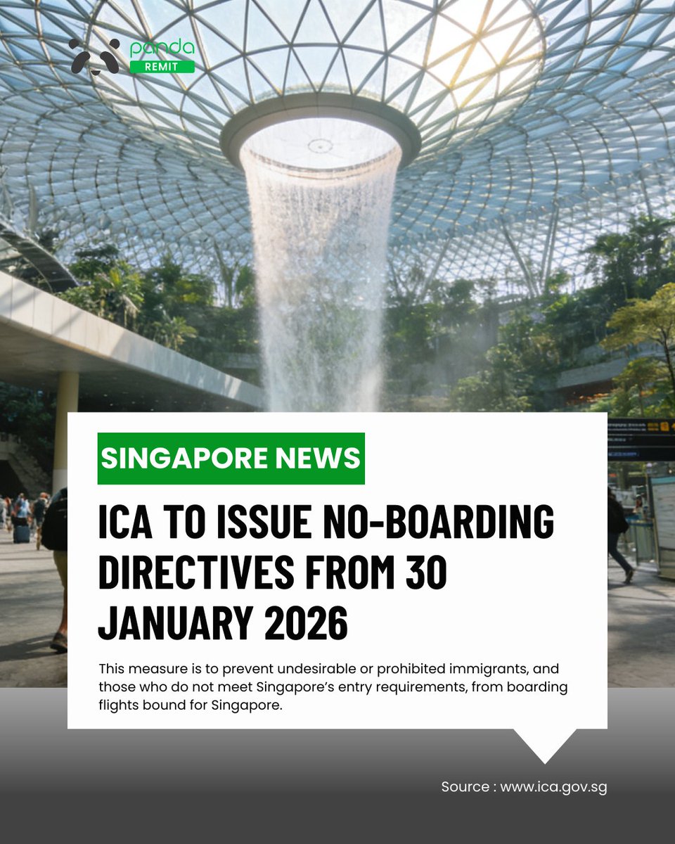 remit_panda's tweet image. ✈️🇸🇬 Singapore ICA's "No-Boarding Directive" will come into effect

Boarding a flight to SG might be restricted. 🚫

🐼 With PandaRemit, your money is always WELCOME to fly home! 💸✅
• Fast &amp;amp; Low Cost
• Great Rates
• Compliant &amp;amp; Secure

#PandaRemit #Remittance #singapore