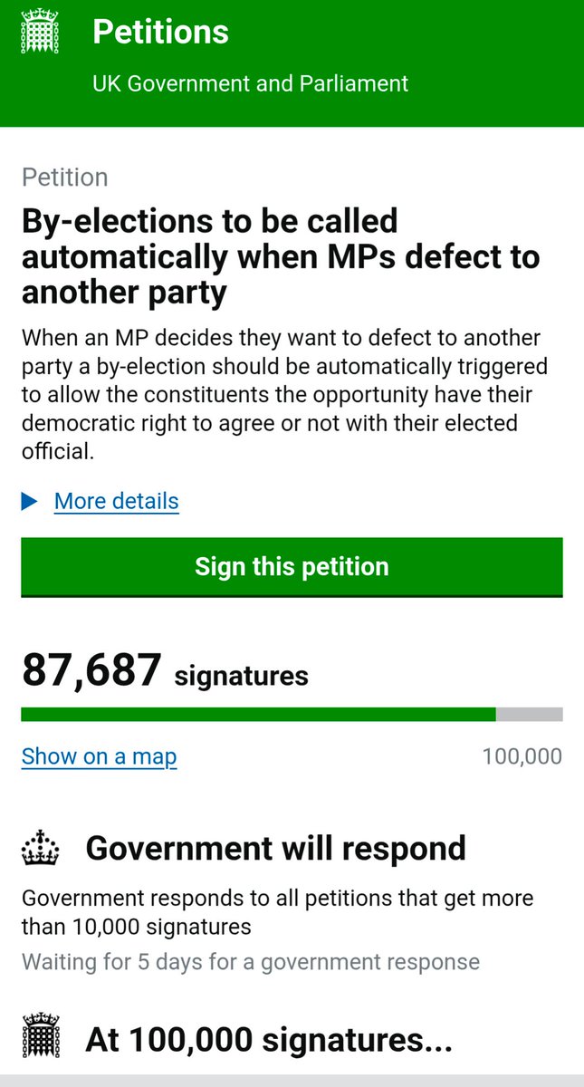 jneill's tweet image. So nearly at 100,000 now!
Have you signed? 🙏

Petition: By-elections to be called automatically when MPs defect to another party petition.parliament.uk/petitions/7376…