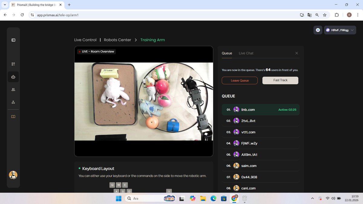 Günaydın prismaX Türkiye Topluluğu 🇹🇷♥️

<a href="/PrismaXai/">PrismaX</a> Teleoperation modülünde Training Arm, uzaktan robot kontrolü için 🛰️ gerçek zamanlı bir test ortamı sunuyor.

Kullanıcı, web arayüzü üzerinden:
🎥 Canlı kamera akışını izleyerek
⌨️ Klavye tabanlı kontrol girdileriyle
🦾 Fiziksel