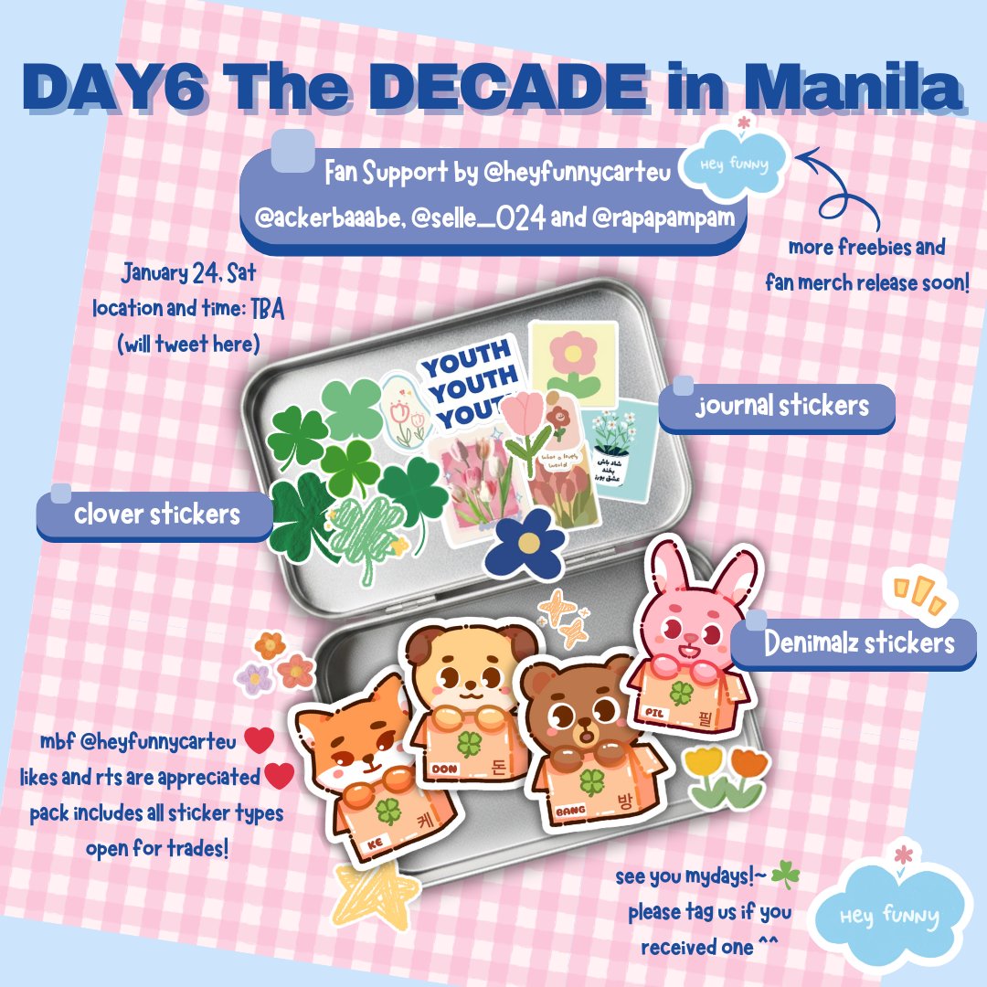 heyfunnycarteu's tweet image. DAY6 The DECADE in Manila Denimalz sticker set freebie
Fan support by @heyfunnycarteu 

🍀follows rts likes are appreciated 🙏🫶🥹
🍀time &amp;amp; loc will be tweeted here
🍀open for trades

#The_DECADE_MANILA
#TheDECADEinManila 
#DAY6_10th_Anniversary_Tour
#DAY6inMNL
#DAY6inManila