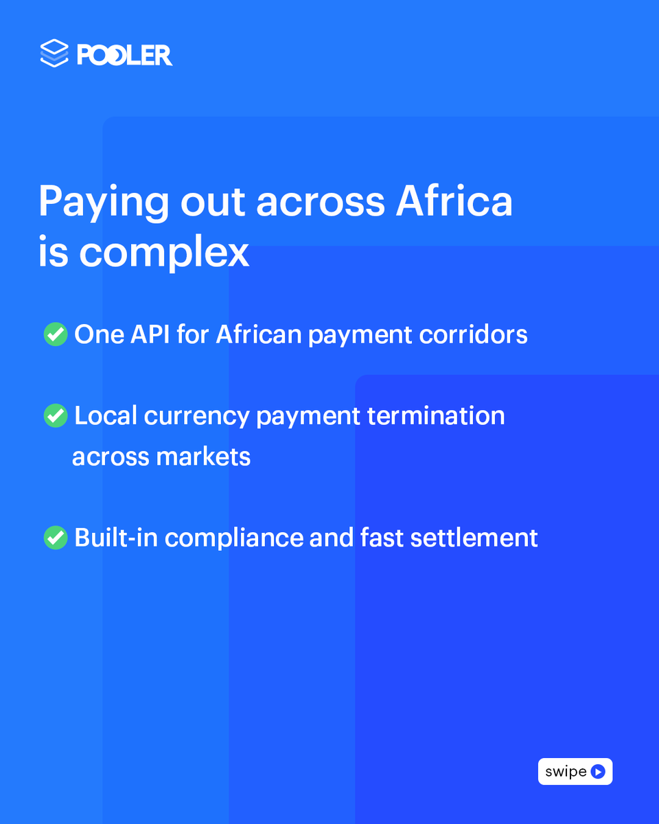 Poolerapp_'s tweet photo. Paying out across Africa today means:
• 54+ fragmented integrations
• 7–12% processing costs
• Slow settlement &amp; liquidity issues

Pooler simplifies this with: 
✓ One API
✓ Local currency termination
✓ Built-in compliance &amp; fast settlement https://t.co/AHnoU0Sy2V