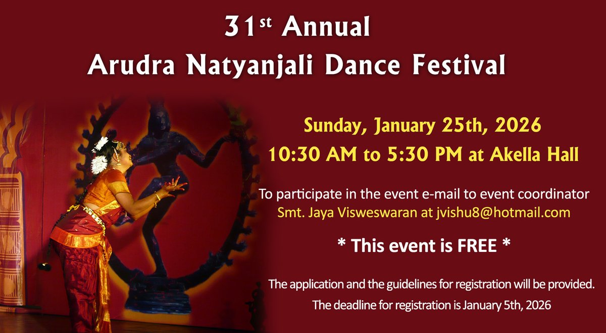 31st Annual Arudra Natyanjali Dance Festival
Sunday, January 25th, 2026 - 10:30 AM to 5:30 PM at Akella Hall
livermoretemple.org/cms/wp-content…