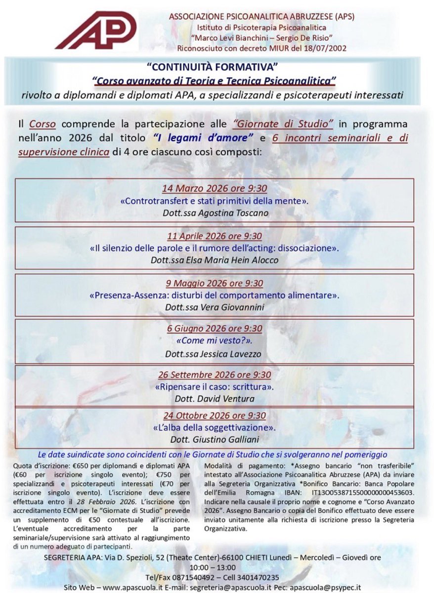 “Continuità Formativa” – “Corso avanzato di Teoria e Tecnica Psicoanalitica 2026”
Per informazioni e iscrizioni: apascuola.it/continuita-for…