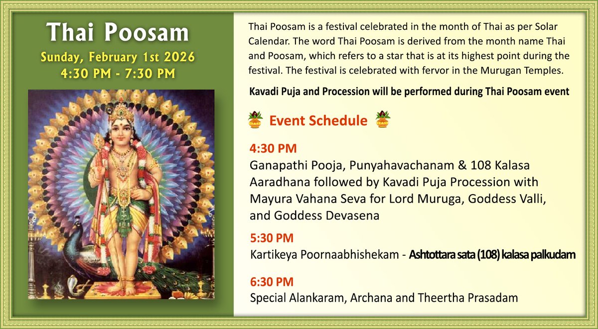 Thai Poosam
Sunday, February 1st 2026
10:00 AM - 1:00 PM
livermoretemple.org/cms/wp-content…