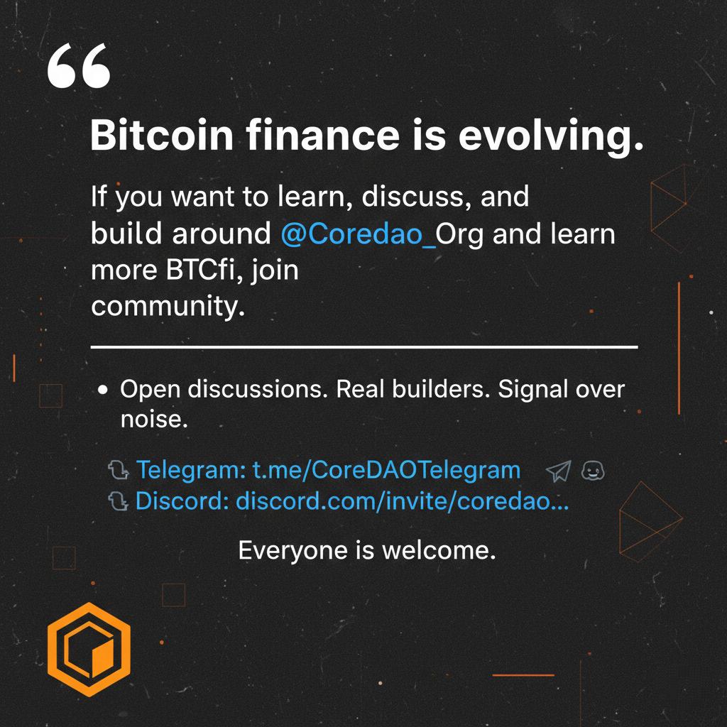 Bitcoin finance is evolving. Are you? 🚀 Join the @Coredao_Org community to  learn, discuss, and build the next generation of #BTCfi. Everyone is  welcome. No noise, just builders. 👾 Discord: https://t.co/55pVCLKBPA ✈️