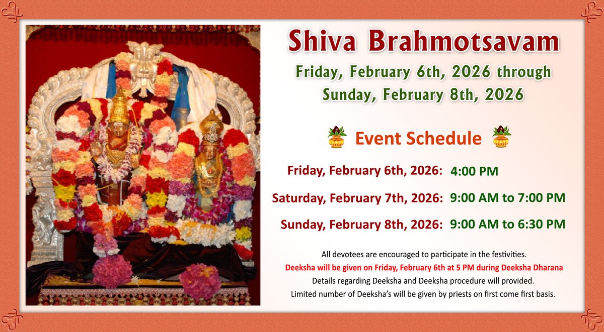 Shiva Brahmotsavam
Friday, February 6th, 2026 through Sunday, February 8th, 2026
livermoretemple.org/cms/wp-content…
