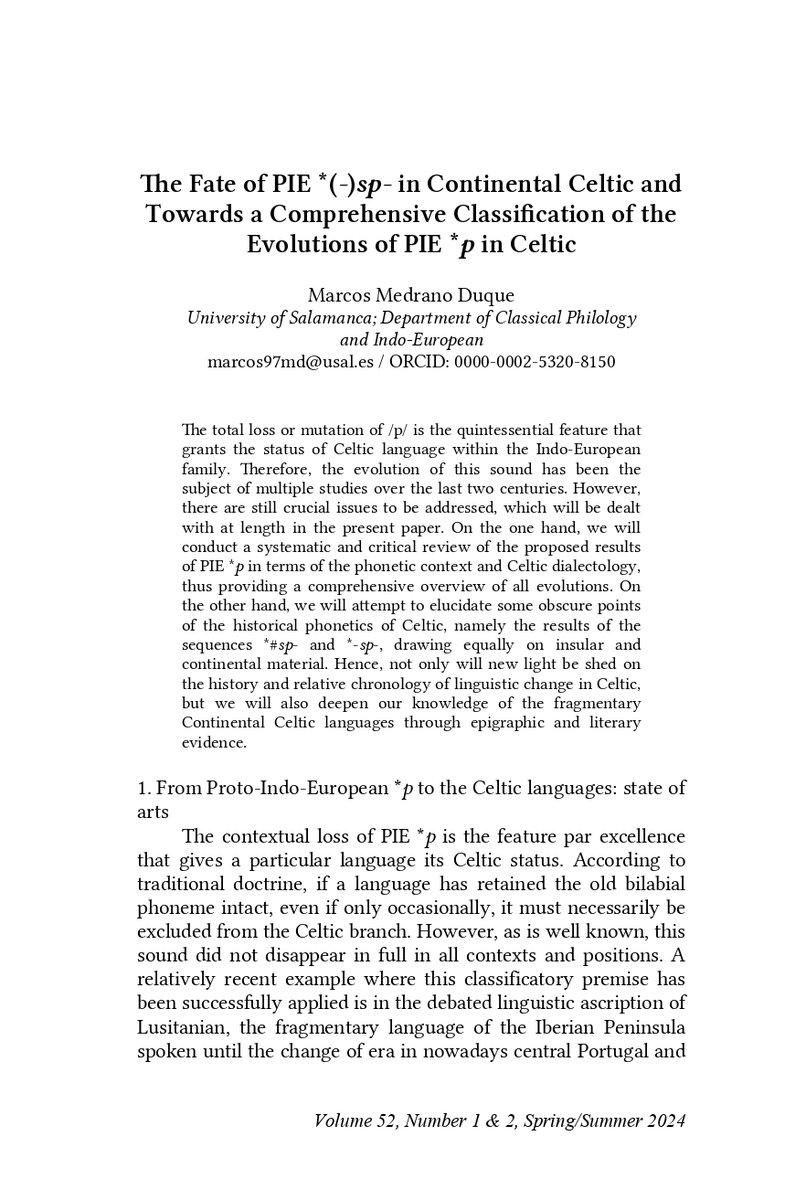 Duque97md's tweet photo. Ya salió el último número del Journal of Indo-European Studies (52, 1/2) en el que tengo el placer de aparecer tratando uno de *los* asuntos de fonética histórica de las lenguas célticas antiguas.
Majísima les quedó la tabla de evoluciones de *p 🍃 https://t.co/VFN9v33yk5