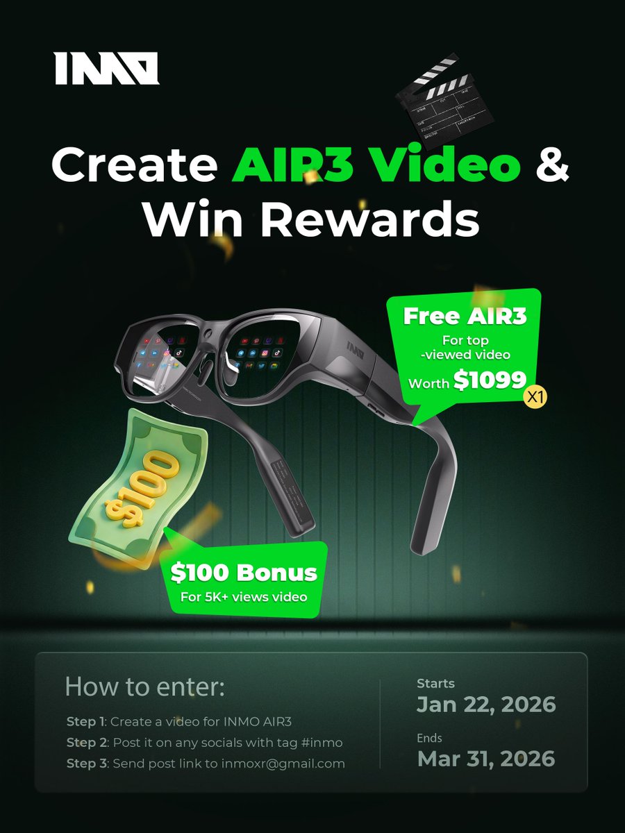 🎬 INMO AIR3 Video Challenge 🎬
Create a video for INMO AIR3 and win rewards! ✨

Reward list:
🏆 Top-viewed video could win a FREE AIR3 ($1099 value!)
💵 $100 Bonus for videos with 5,000+ views

If you have a great video, we can also negotiate to purchase rights for official
