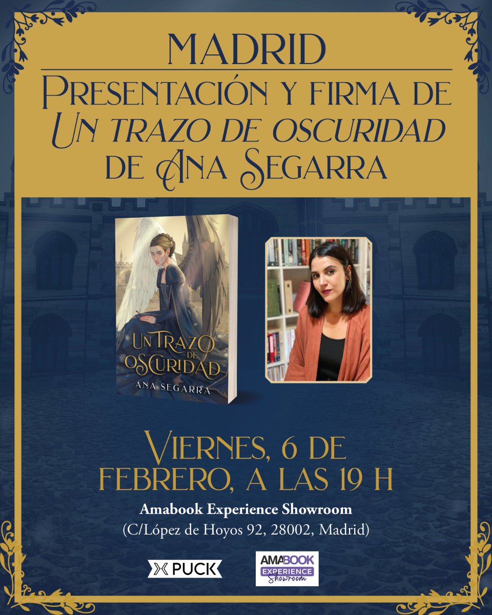 ¡Presentación de Ana Segarra en Madrid!🐦‍⬛⚜️🪽

Os invitamos a celebrar la publicación de #UnTrazoDeOscuridad. ¡No os perdáis la oportunidad de conocer a <a href="/AnaSegarraG/">Ana Segarra</a>!📖✨

📅El viernes 6 de febrero
🕖A las 19 h
📍En Amabook Experience Showroom (C/López de Hoyos 92, 28002, Madrid)