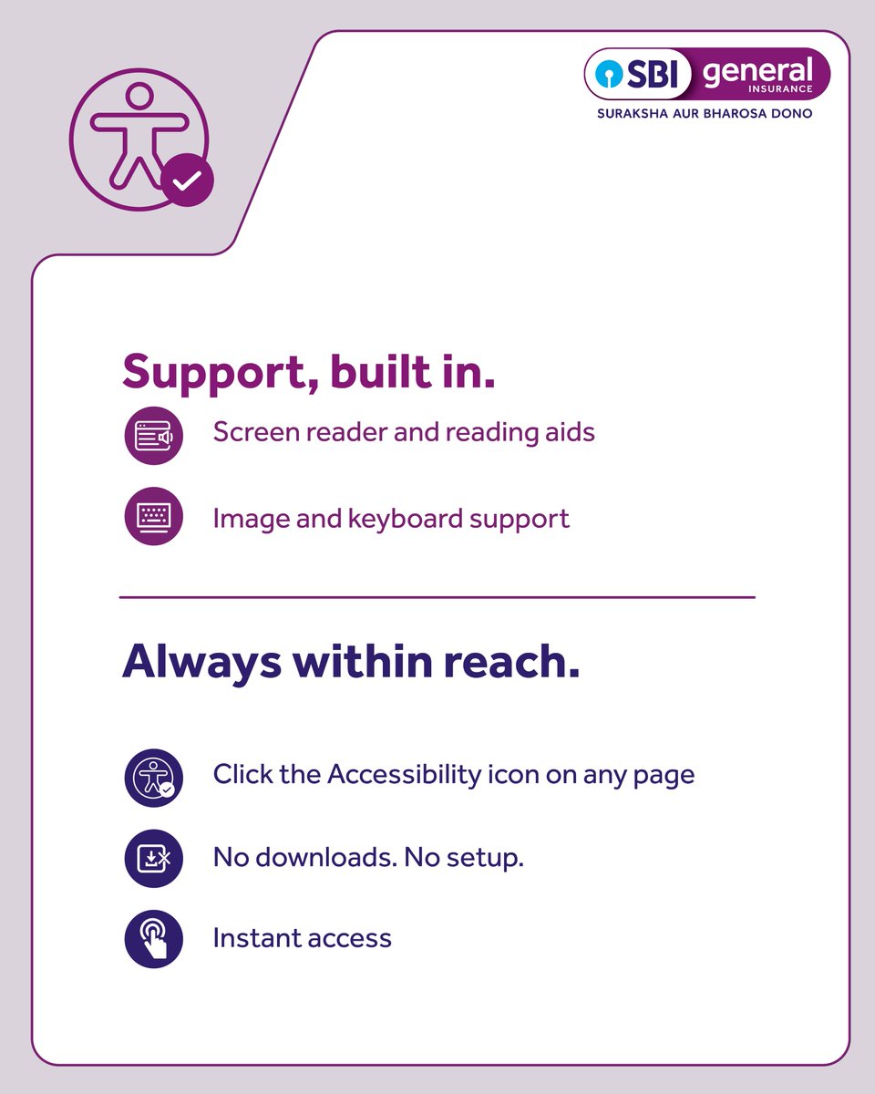 sbigeneral's tweet image. Accessibility isn’t a feature. It’s a necessity.

Introducing the SBI General Accessibility Dashboard, designed to help everyone read, see, and navigate our website with ease.

No downloads. No setup. Just instant access.

#DigitalAccessibility #InsuranceForAll #EaseForEveryone