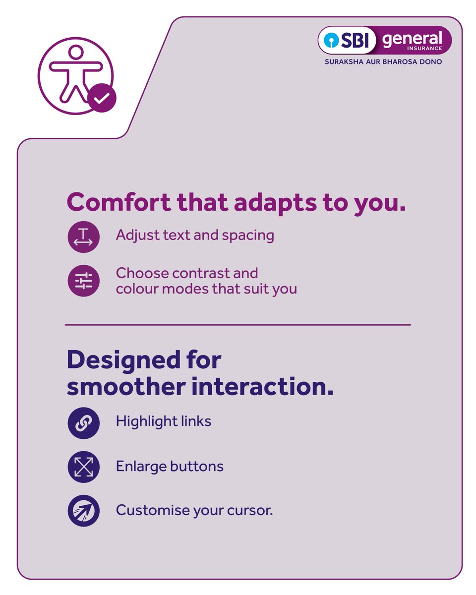 sbigeneral's tweet image. Accessibility isn’t a feature. It’s a necessity.

Introducing the SBI General Accessibility Dashboard, designed to help everyone read, see, and navigate our website with ease.

No downloads. No setup. Just instant access.

#DigitalAccessibility #InsuranceForAll #EaseForEveryone