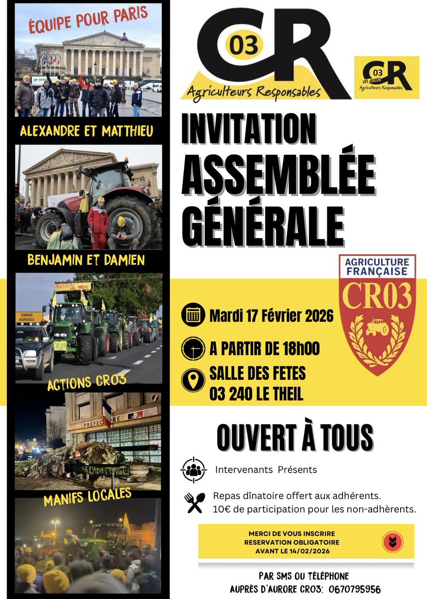 coordinationrur's tweet photo. 🟡 ASSEMBLÉE GÉNÉRALE 2026 – #CR03
La Coordination Rurale Allier donne rendez-vous à ses adhérents et agriculteurs du département pour un temps d’échange et de travail collectif.
📅 Mardi 17 février 2026
🕕 À partir de 18h
📍 Salle des fêtes – Le Theil (03240)
👉 Un moment important pour faire le point, échanger sur l’actualité agricole et préparer les actions à venir.
⚠️ Inscription demandée par SMS
📞 06 70 79 59 56
🟡⚫ Pensez également à mettre à jour votre adhésion 2026 pour continuer à faire vivre la Coordination Rurale.
#CoordinationRurale #AgricultureFrançaise #AgriculteursEnColère #AssembléeGénérale