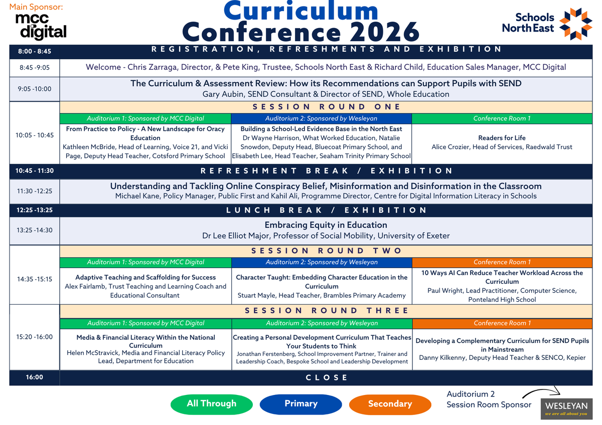 SCHOOLSNE's tweet photo. 📢 The full programme for #SNECurriculum26 is live, crafted in response to the Curriculum &amp; Assessment Review!  

After a sold-out 2025, only a few places remain for 2026. 

View the programme and book now: https://t.co/Azi3JLDdQh

 #edux #edutwitter https://t.co/CUa87zTY2h