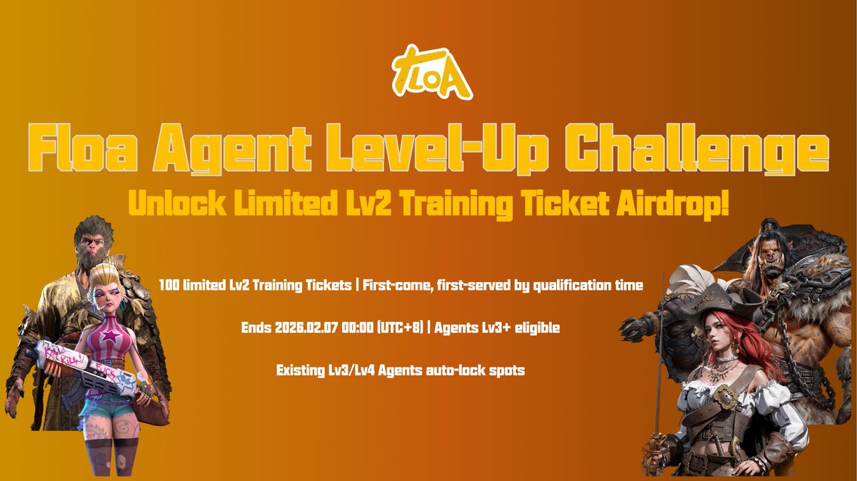 FLOA Agents Level-Up Challenge: Level Up to Unlock Limited Level 2 Training Ticket Airdrop

Event Rules:

During the event, Agents that reach Level 3 or above are eligible to compete for rewards.

Limited to 100 rewards, sorted by the Agent’s qualification time—first qualified