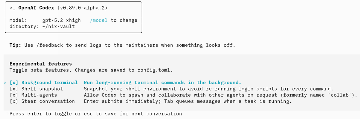 der_emacs's tweet photo. codex 已支持 subagents https://t.co/WYnRsx0bl3
