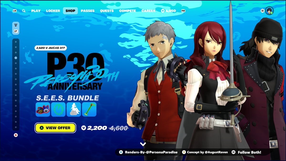 AugustRaven's tweet image. FORTNITE X PERSONA 30th ANNIVERSARY [CONCEPT]
  
PERSONA 3 RELOAD
S.E.E.S. BUNDLE - Akihiko, Mitsuru and Shinjiro

CONCEPT BY:
@AUGUSTRAVEN

RENDERS DONE BY:
@personaparadise (Follow them!)

#PERSONA #PERSONA3RELOAD #PERSONA3 #FORTNITE #ATLUS