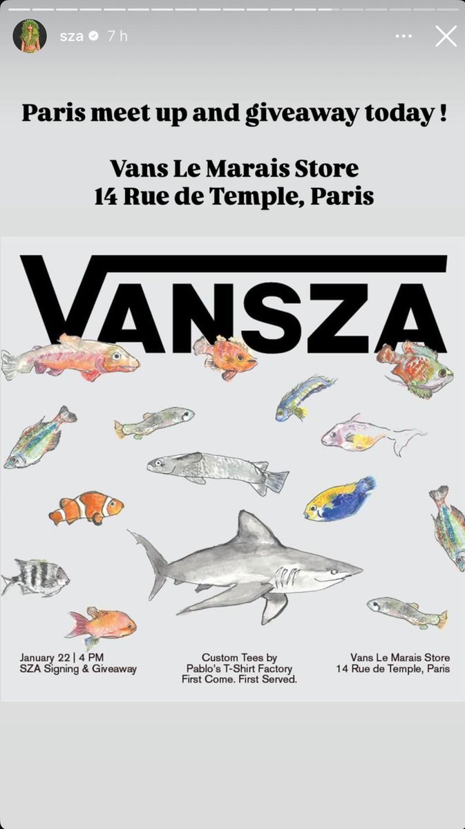 SZAactus's tweet image. Retrouvez SZA aujourd’hui sur Paris pour un meet up and giveaway exclusif VANSZA (avec des cadeaux pour les premiers arrivés) @sza @VANS_Europe 

📍Vans Le Marais Store 
14 rue du Temple, Paris