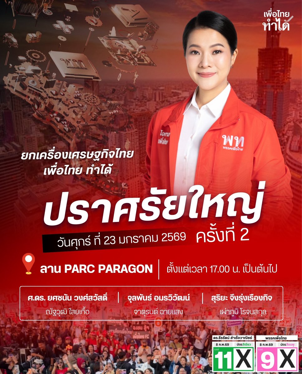 Fortheerarat's tweet image. ใครจะไปยกมือขึ้น 🙋🏼‍♀️กับการปราศรัยใหญ่ครั้งที่ 2! เพื่อไทยทำได้ ทำให้ไทยยิ่งใหญ่ 

📢มาร่วมฟังการปราศรัยจากแคนดิเดตนายกรัฐมนตรี และการเปิดตัวนโยบายใหม่ที่จะยกระดับชีวิตพี่น้องคนไทยทุกคน 

“ยกเครื่องเศรษฐกิจไทย 
เพื่อไทยทำได้”

ในวันศุกร์ที่ 23 มกราคมนี้ | เวลา 17.00 เป็นต้นไป 📍ลาน…