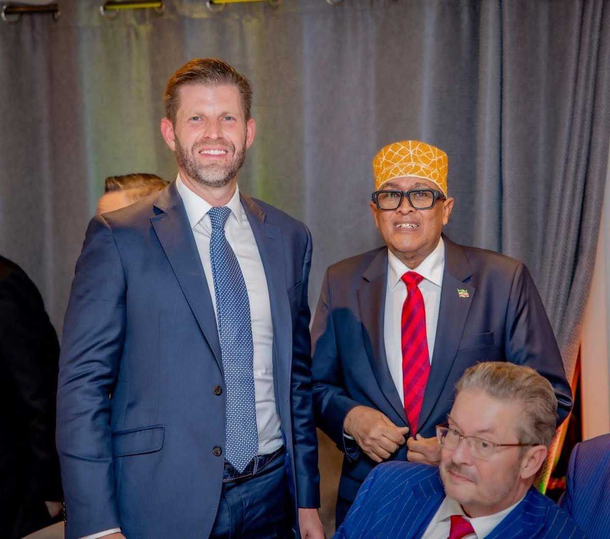 RepOfSomaliland's tweet photo. The President of the Republic of Somaliland, @AbdirahmanIrro, meets @EricTrump in Davos. Something big is cooking—the United States sees Somaliland as a true partner in the Horn of Africa. #WEF2026 #SomalilandRecognition https://t.co/lQG108ZOMI