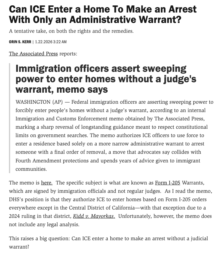 OrinKerr's tweet image. "Can ICE Enter a Home To Make an Arrest With Only an Administrative Warrant?" a deep dive for the law nerds new from me, posted over at Volokh. 
reason.com/volokh/2026/01…