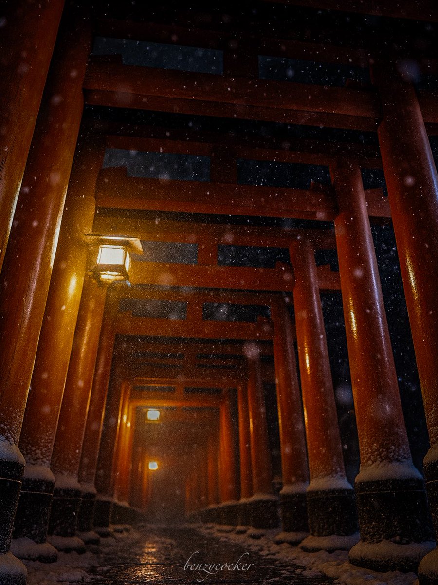 benzycocker's tweet photo. 雪降る神様の通り道、夜の千本鳥居。
-伏見稲荷大社- https://t.co/cAELc2oCN2