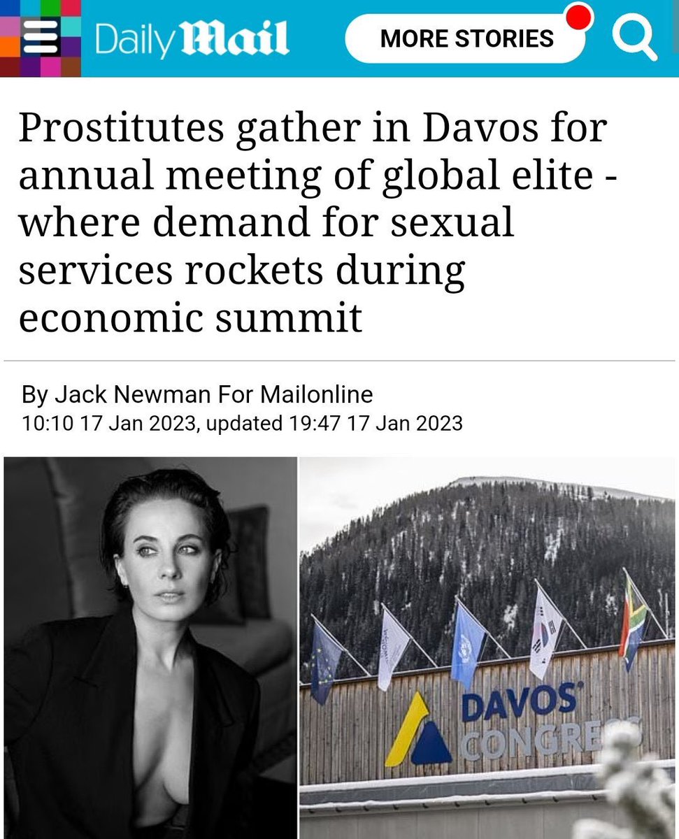 🔴 Les prostituées affluent à Davos pour le sommet de l’élite mondiale : la demande de services sexuels explose pendant le forum économique.

Mais les vraies putes de Davos ne sont pas celles qui facturent 10 000 € la nuit… ce sont celles qui facturent leurs électeurs toute