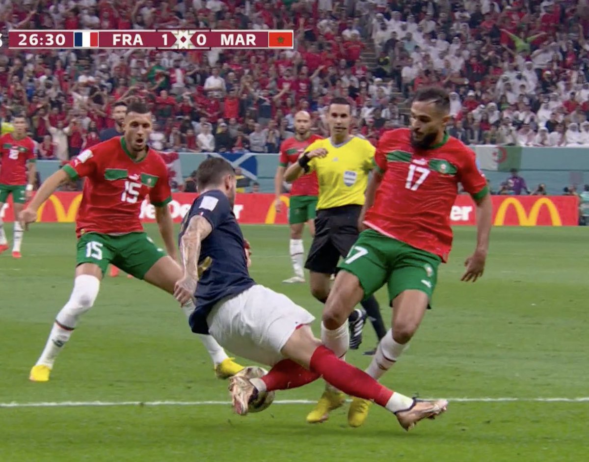 ProsMarocains's tweet image. The whole world watched this incident in the World Cup semifinal, a clear penalty that didn’t even require VAR to confirm it. No, we did not leave the pitch, and our fans did not storm the pitch. Remember, this was a World Cup semifinal. Yes, a World Cup semifinal.
