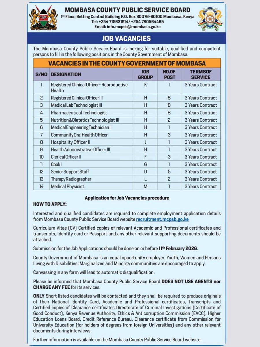 📌Job Vacancies 

Follow link recruitment.mcpsb.go.ke for more information on the posts and to apply ➡➡📱

#mcpsb001