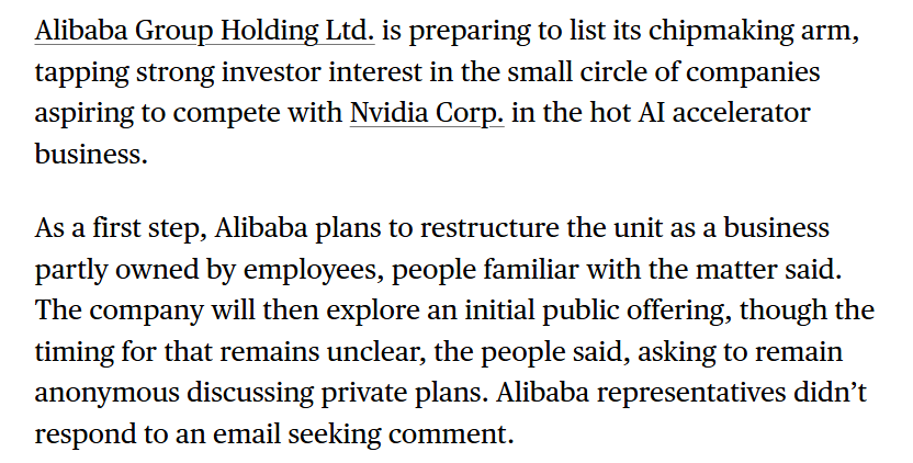 fxtrader's tweet image. #要闻 彭博：阿里巴巴据悉计划为旗下AI芯片制造部门“平头哥半导体”推进IPO。阿里巴巴计划先将该部门重组为一家部分由员工持股的公司，再考虑进行IPO。