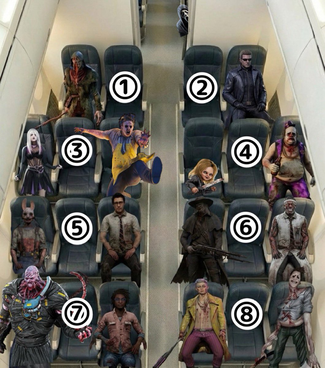 これから8時間のフライト
DBDプレイヤーのあなたはどこに座りますか？

あそこしかないよな…？

#DeadbyDaylight #DBD