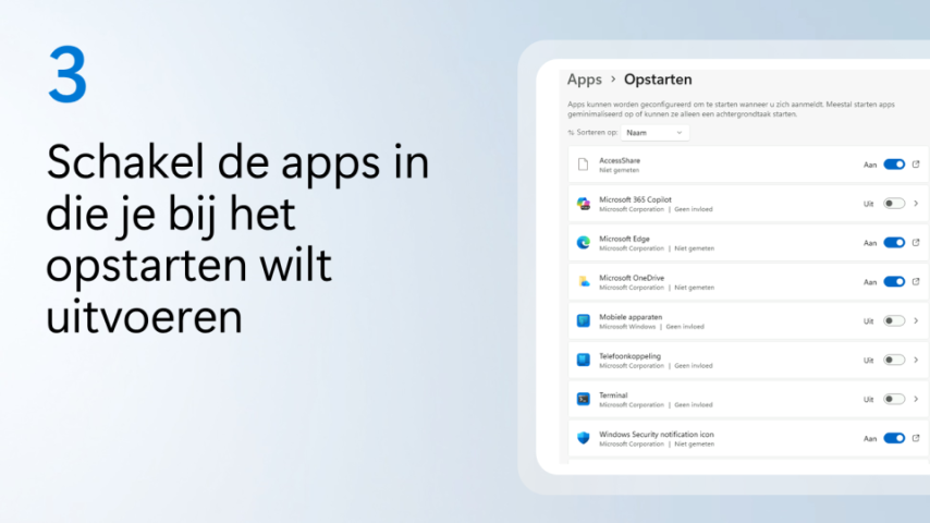 Elk extra programma dat start wanneer je je pc aanzet, vertraagt deze. Schoon je opstartprogramma's op om te verwijderen wat je niet nodig hebt:

msft.it/6012Q8TiA