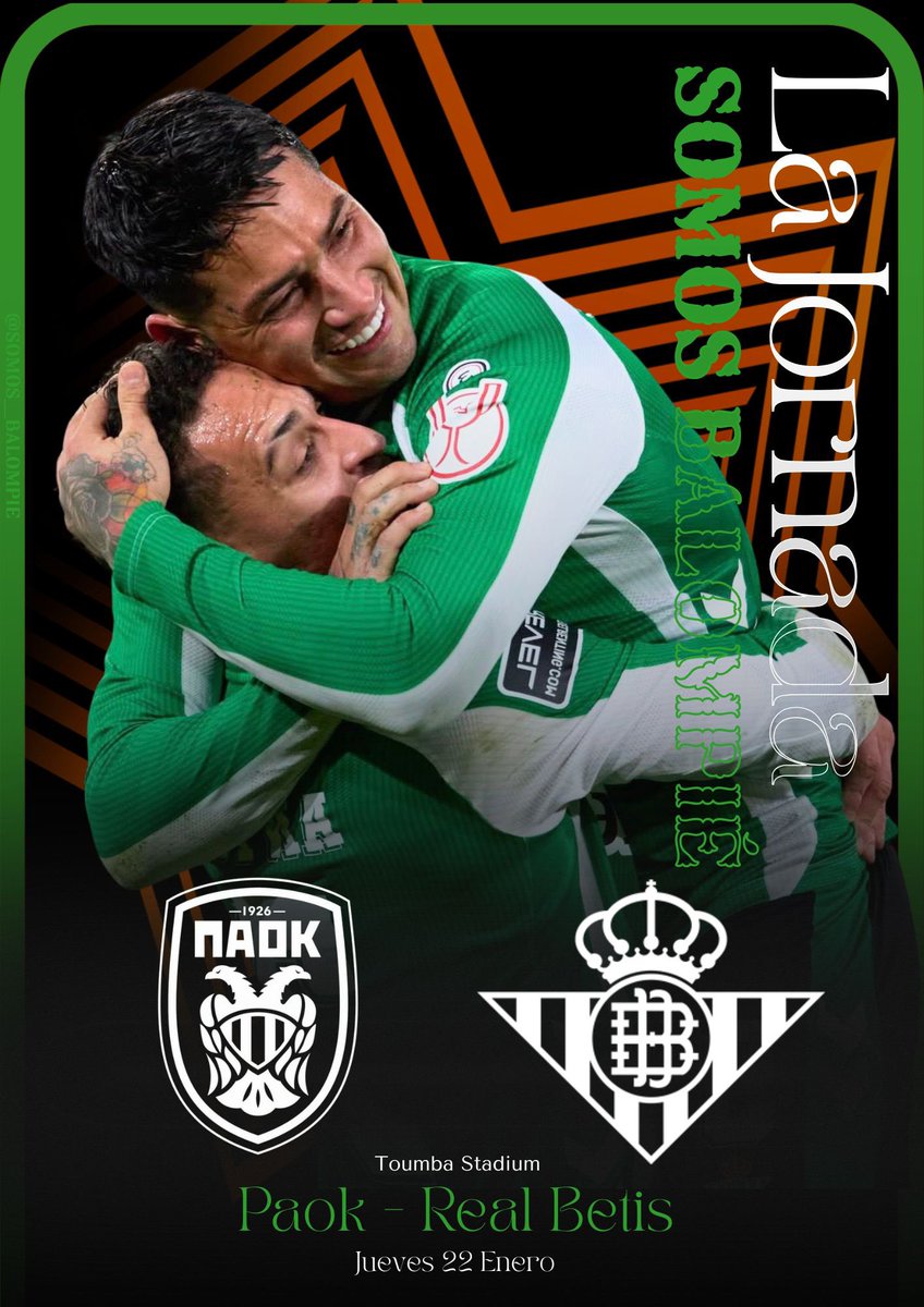 somos__balompie's tweet image. 𝐋𝐀 𝐉𝐎𝐑𝐍𝐀𝐃𝐀 

@PAOK_FC ⚔️ @RealBetis 

𝐉𝐨𝐫𝐧𝐚𝐝𝐚 𝟕
🏟️ Stadio Toumbas
⌚️ 18:45
👨‍⚖️ Simone Sozza 

📲 @somos__balompie 
🖥️  youtube.com/@somos__balomp…