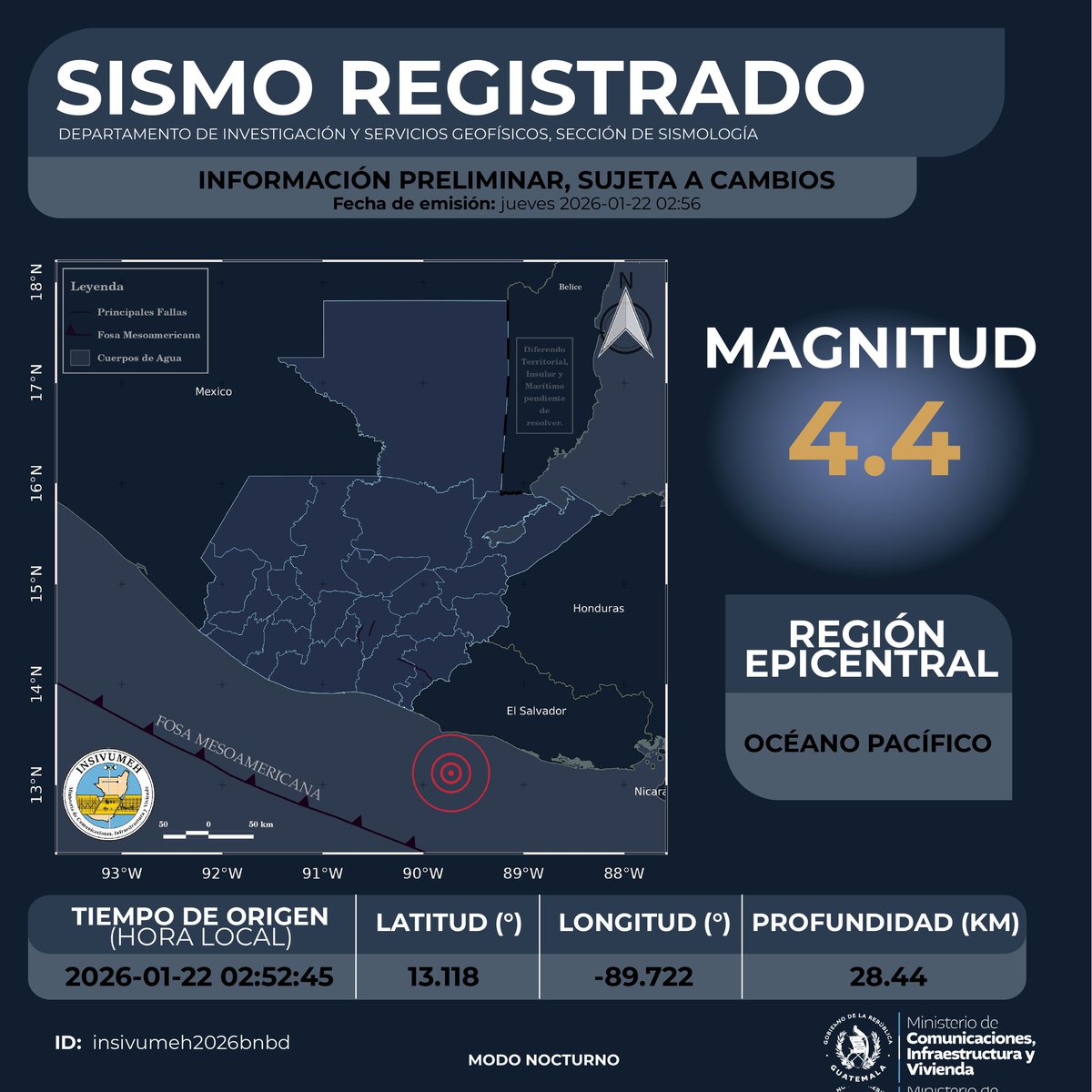 SISMO REGISTRADO 
Región epicentral:  OCÉANO PACÍFICO 
22 de enero de 2026. 02:52:45 hrs. 
 Descarga el boletin geo.insivumeh.gob.gt/BOLETIN/HISTOR… 

#SomosINSIVUMEH  #ElPuebloDignoEsPrimero #CIV #TemblorGT #SismoGT