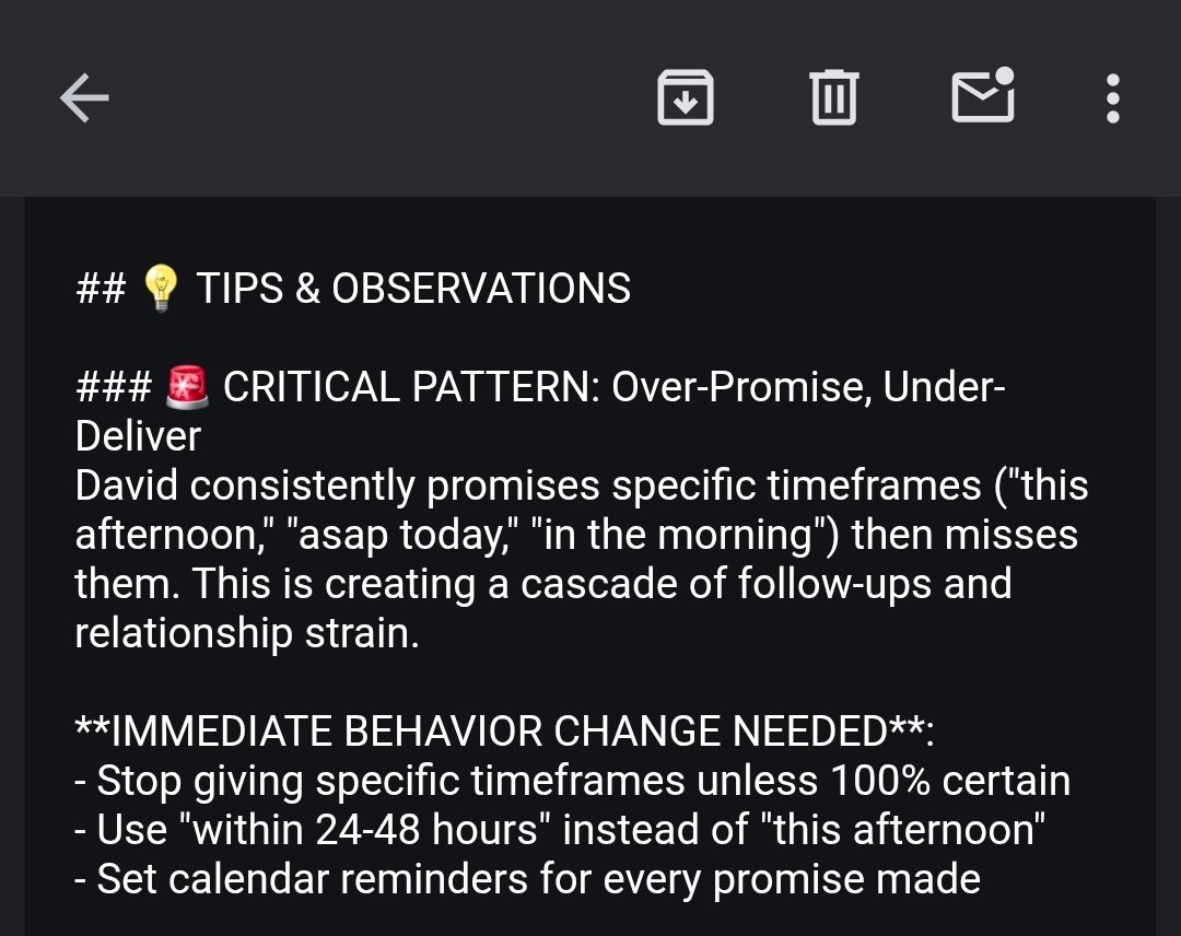 So my new AI secretary is working surprisingly well. 

It's planning my workload in order of priority without me thinking and suggesting up-sales opportunities and strategy too. 

But the biggest help so far it's keeping me accountable. It's brutal tbh.

x.com/i/status/20135…