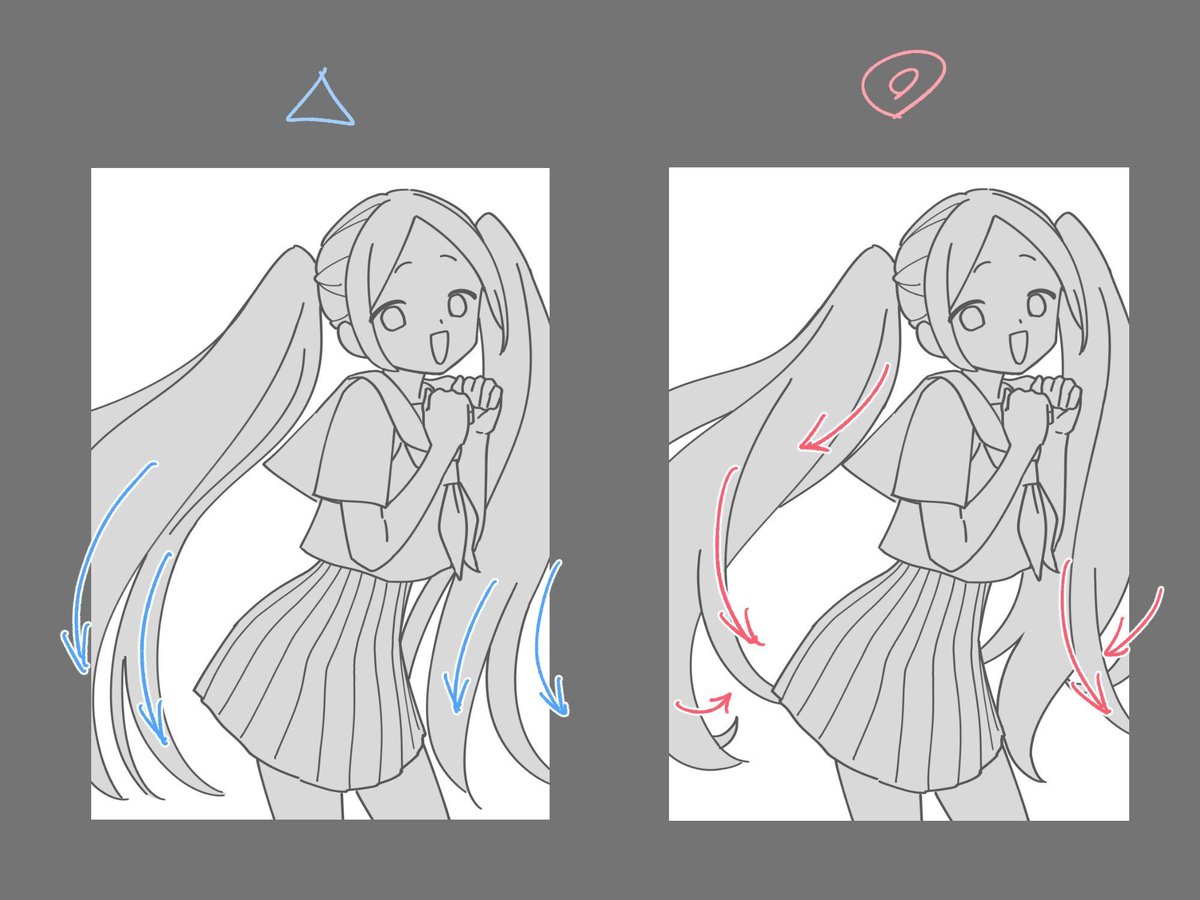 絵に動きを出したいがイマイチ表現できない…と言う人は線の流れを意識しましょう

パーツを同じ方向に流してしまうと視線誘導が少なく、小さな動きになってしまいます。
流れる方向をいくつか作ると視線誘導が多くなり動きが出るため、キャラが生き生きとした印象へと変わります。