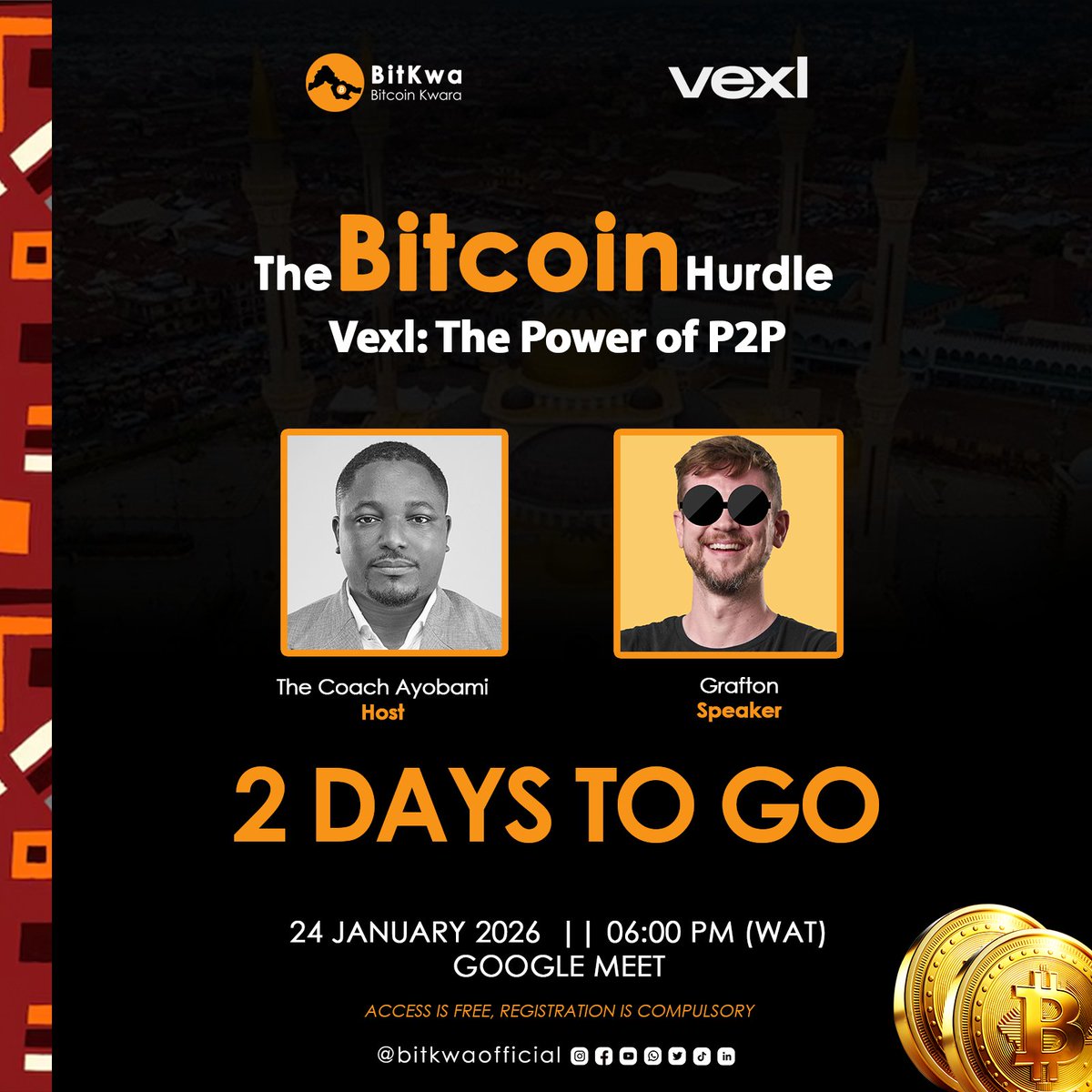 WIN SATS + LEARN P2P BITCOIN -BitKwa × @vexl (@satsdisco) 🎁 BONUS: 5  active participants will win Sats each LIVE during the session! Secure your  spot: https://t.co/eIpkrQVp0o #Bitkwa #Bitcoin #satsontheroad  #thebitcoinhurdle #BMOP