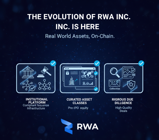 RWA_Inc_'s tweet photo. The evolution of RWA Inc is here. 

We are shifting focus from simple launches to a comprehensive infrastructure stack built for professional investors and asset managers.

We are moving beyond standard launchpad services to offer curated private market opportunities.

Our new focus: 
🔹 Institutional-grade platform for compliant issuance 
🔹 Real World Assets: Pre-IPO equity, real estate, & collectibles 
🔹 Rigorous due diligence: Real world asset classes with large asset managers behind the assets

Real World Assets, On-Chain.