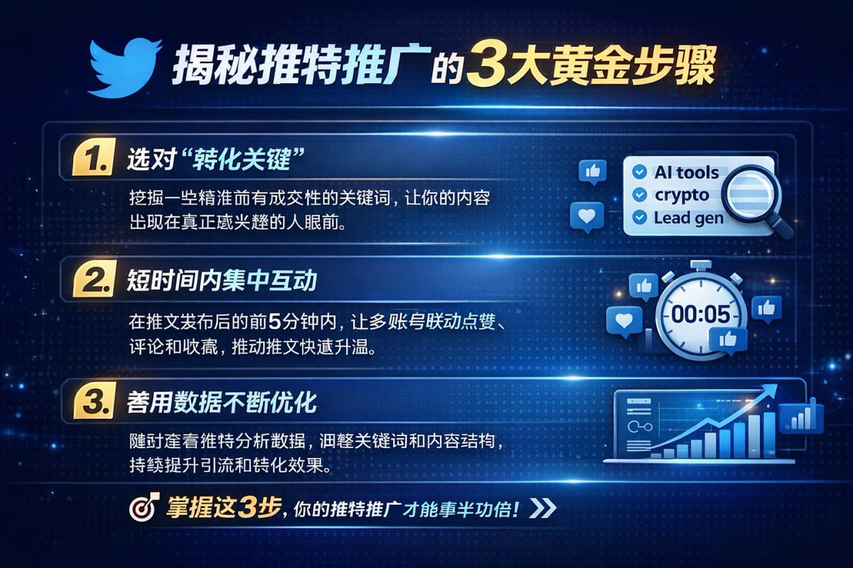 🔥 如何快速增加推特流量？这3个技巧不能错过！推特号 热门号 霸屏 引流

✅ 1️⃣ 关键词精准布局
把你想引流的关键词放在推文前 10 个字，帮助你抓住目标用户群体。

✅ 2️⃣ 多元互动，增高曝光率
除了点赞，评论、转发和收藏都能带来更强的推广效果。前 10
