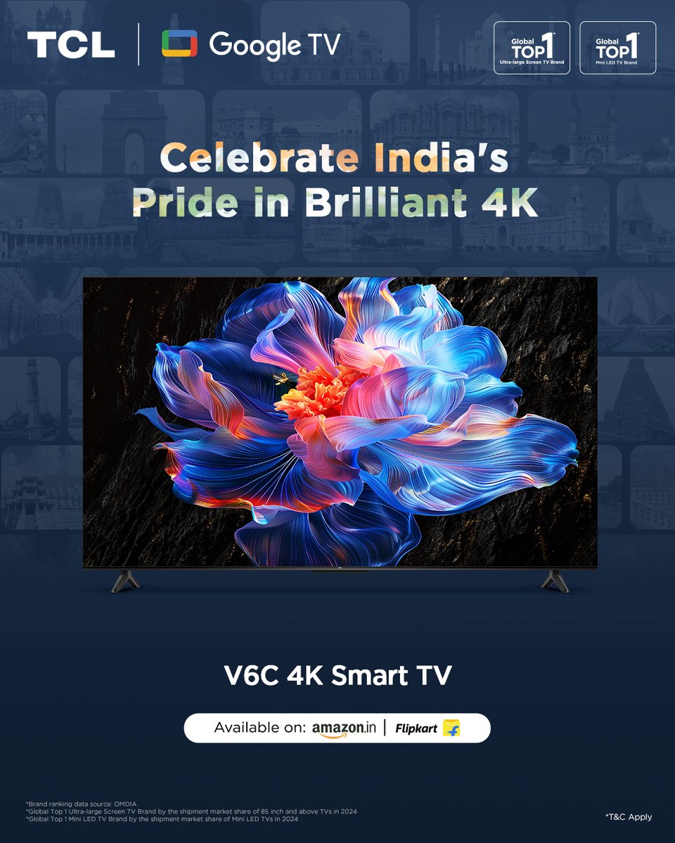 tcl_india's tweet image. Celebrate India’s Pride in Brilliant 4K 

Bring home the TCL V6C 4K Smart Google TV this Republic Day Sale and experience stunning clarity, vibrant colours, and smart entertainment-all on a big screen-Sale Ending Soon.

#TCLIndia #TCLTV #V6C #4KSmartTV #GoogleTV  

(Republic Day