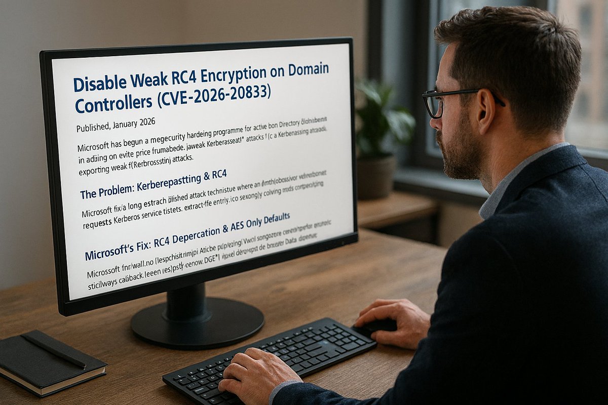 Microsoft is retiring RC‑4 in Windows Server. If you're running AD, Kerberos, or DCs, this affects you. Read my breakdown of CVE‑2026‑20833: 🔗 petenetlive.com/kb/article/000… Please subscribe for updates via the site. #PeteNetLive #ITPro #Kerberos