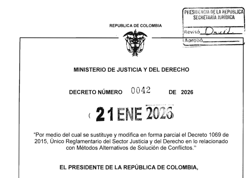 divulgajuridica's tweet image. 📌Se comparte Decreto 0042 de 2026 que actualizó el Decreto 1069 de 2015, y fortaleció el marco normativo de los Métodos Alternativos de Resolución de Conflictos.

⚖️ Se consolidan reglas sobre:

✔️ Conciliación extrajudicial en derecho y en equidad
✔️ Centros de conciliación y…