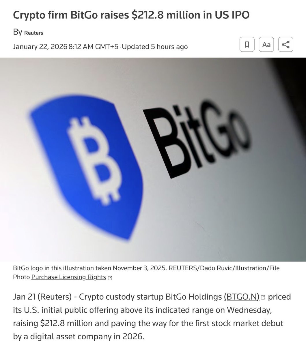 NEWS: @BitGo, one of the largest crypto custody firms, raises $212.8M in a  U.S. IPO priced above range, valuing the company at $2.08B and making it  the first digital asset company to