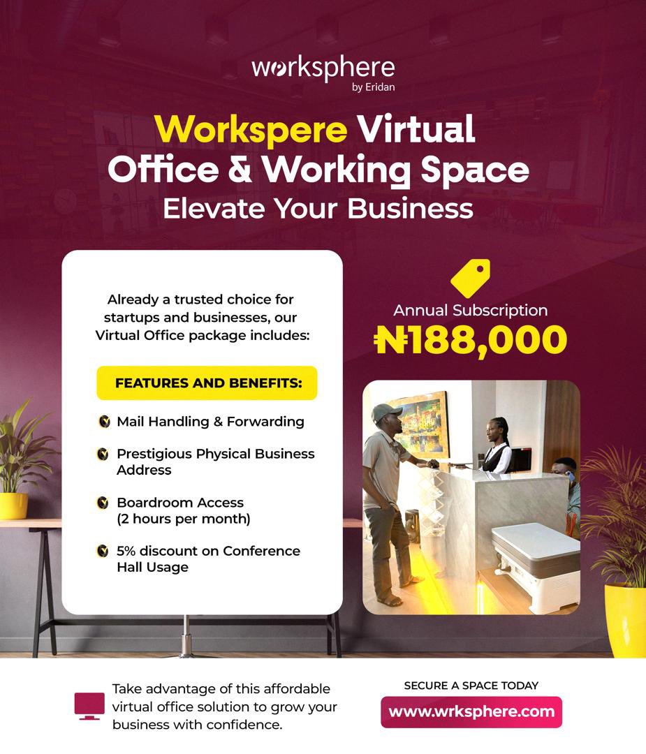 Wrksphere's tweet image. Build credibility without the cost of a physical office. With Worksphere’s Virtual Office, your business gets a prestigious address, mail handling, and access to meeting spaces,all for ₦188,000 annually.
Work smarter. Grow confidently. wrksphere.com
#Worksphere