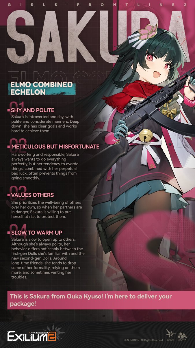 GFL2EXILIUM_EN's tweet image. #Sakura, reporting for duty!

〓Vanguard Doll Sakura Keywords〓
■ Shy and Polite
■ Meticulous but Misfortunate
■ Values Others
■ Slow to Warm Up

&amp;gt;&amp;gt; Download on mobile and PC: sunborn.onelink.me/fxKG/prall
#GirlsFrontline2Exilium #gfl2exilium
