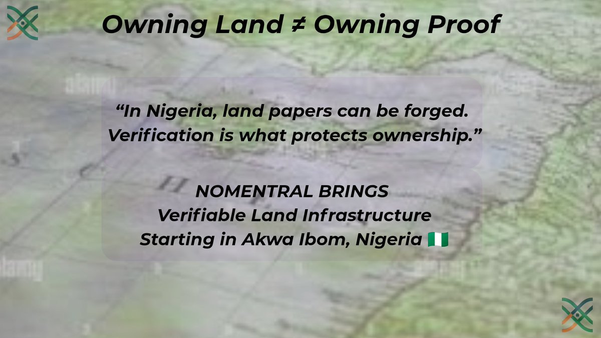 nomentral's tweet photo. In Nigeria, having land papers doesn’t always mean you own land.
Ownership is about verification, not just documents.
This is the problem Nomentral is built to solve.
Secure-verifiable land records you can trust.

Join us today.
@Cardano
@Cardano_CF
@nomentral
@CardanoFeed https://t.co/ShmLtYu64D